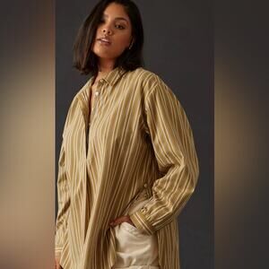 EUC‎ Anthropologie Side Button Tunic Blouse Olive Green Stripe- Small